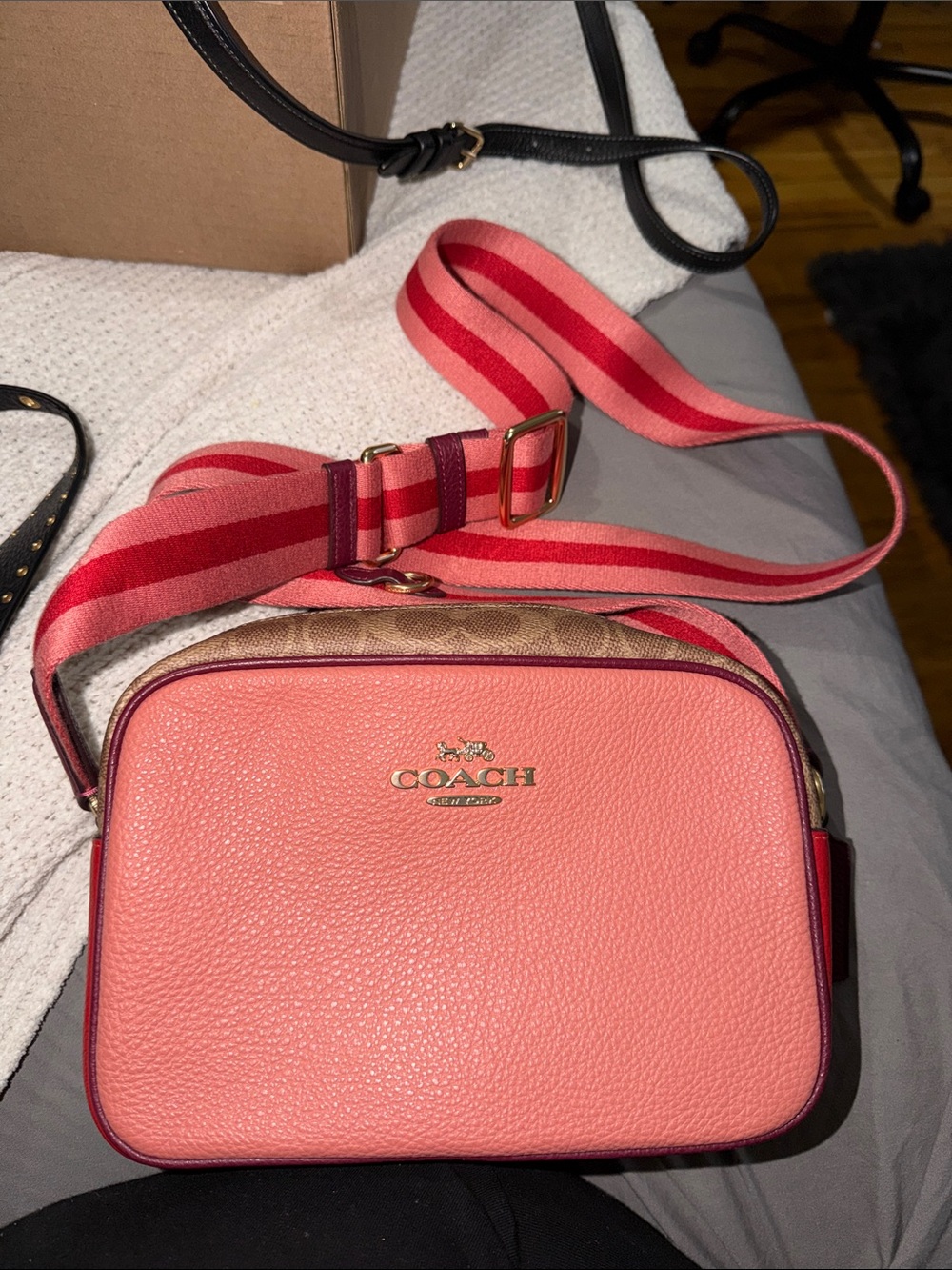 Coach Pink Pebbled Leather Camera Crossbody with Striped Strap